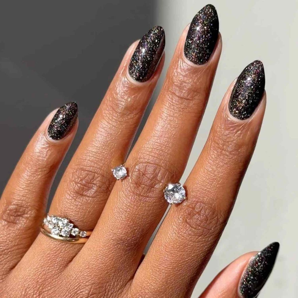 15 Matte Black Coffin Nails with Silver Designs