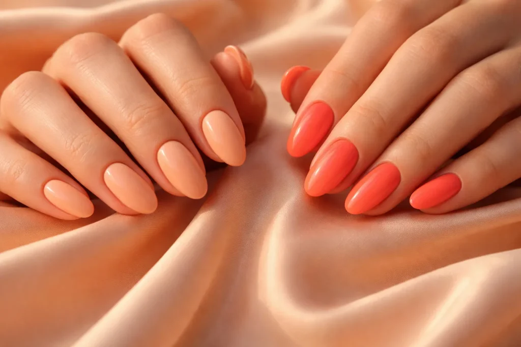 Hands featuring warm peach and vibrant coral nail polish against soft silk fabric.